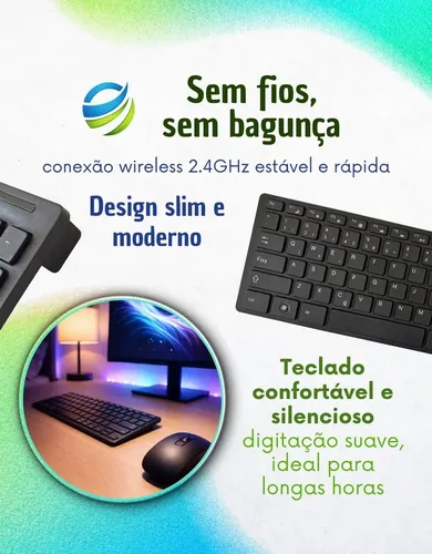 Kit Teclado Mouse USB Sem Fio Preto Slim Ergonômico Plug and Play Notebook e PC para Trabalho Faculdade Estudos Home Office Compativel com Windows Android macOS com Pelicula de Silicone Protetora: imagem 6
