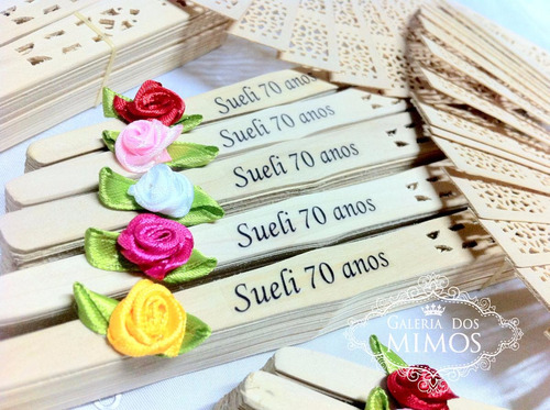 150 Leques Personalizados C/ Nome E Flor Cetim (casamento)