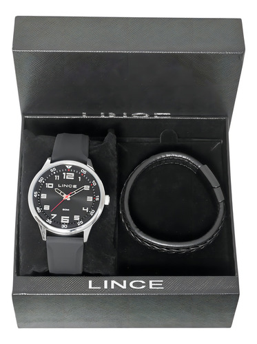 Kit Lince Masculino Relógio Com Números Mrpm001l46 Correia Prateado Bisel Prateado Fundo Preto