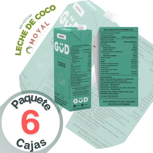 Alimento Líquido De Coco Güd Sin Azucar Organico 6 Pzas/ 1l