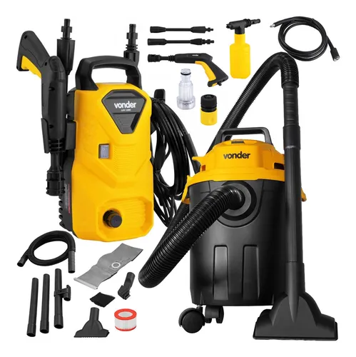 Kit com lavadora de alta pressão amarela e preta e aspirador de pó e água preto e amarelo da Vonder, com vários acessórios.
