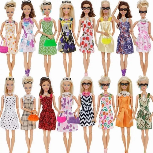 32 Piezas De Accesorios Para Muñecas, Ropa De Barbie, 10x Vestidos Lindos Mezclados, 10x Zapatos, 4x Gafas, 6x Collares, 2x Varitas