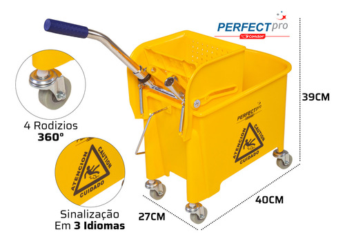 Balde Carrinho De Limpeza Com Espremedor 20l Doblô Kit Básico Com Esfregão Perfect Pro Condor