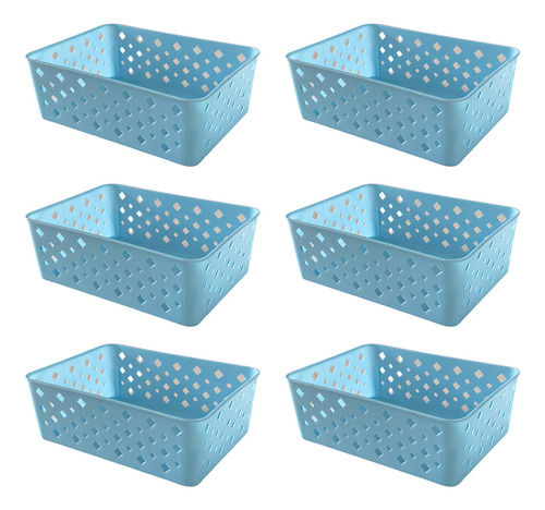 Kit 6 Cestos Organizador Multiuso Empilhável Gaveta 19x14x6 Cor Azul