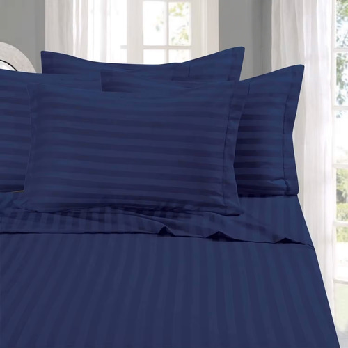 Sabanas Premium Dobby Cama 1 1/2 Plaza Extra Suave Blue Navy Liso Dobby Rayas