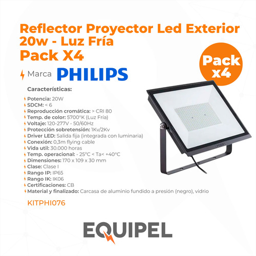 Reflector Proyector Led Exterior 20w Philips Pack X4