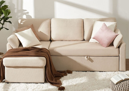 Sofa Cama Convertible 2 En 1 Tela Color Beige Marca Merluxy
