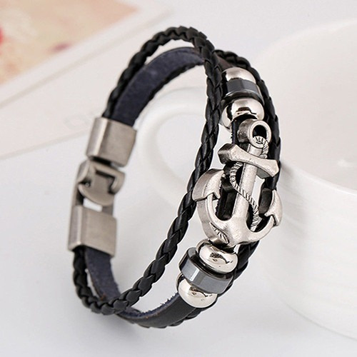 Pulsera Ancla - Cuero Trenzado Y Acero Para Hombre