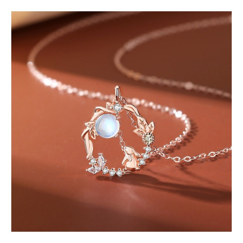 V Collar Con Colgante Conejo Plata Piedra Luna Y Circón
