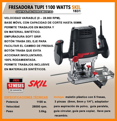 Fresadora Router Rebajadora Superficie Tupi Mano Skil 1831 Accesorios Kit Fresas Maletin Madera Carpinteria Skill