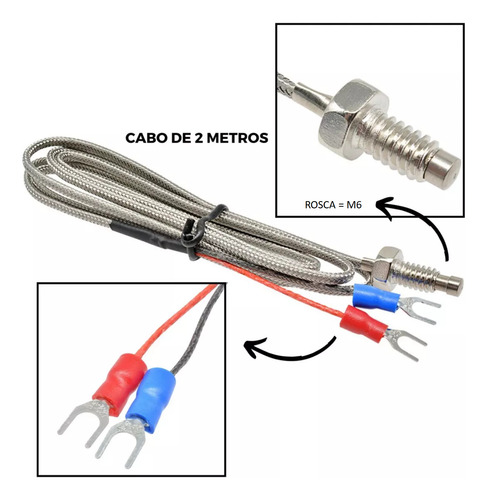 Sensor Termopar Sonda Tipo J - 2 Metros 0 A 600oc Conexão M6