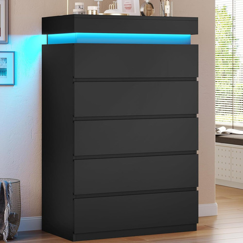 Haumous Cómoda Alta De 5 Cajones Con Luz Led Negro