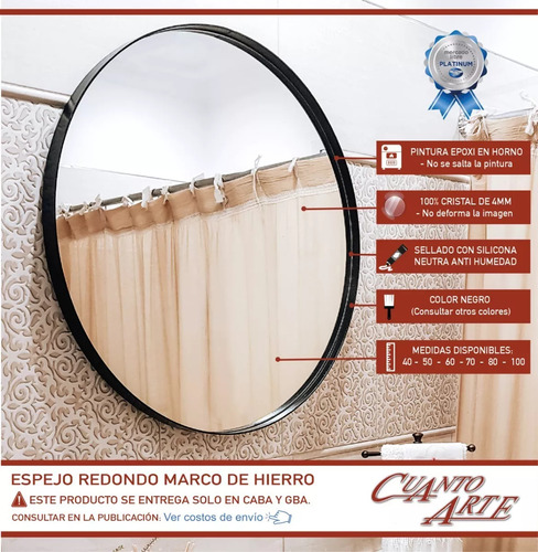 Espejo Circular Redondo 4mm 70 Cm Marco Hierro Baño