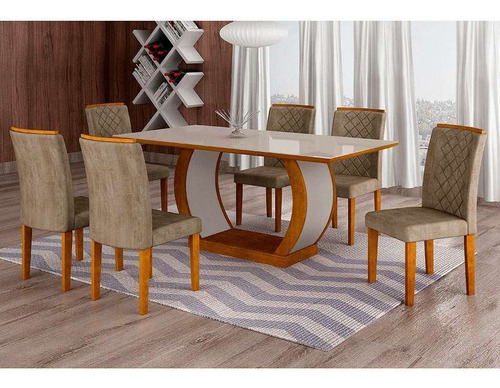 Conjunto De Mesa De Jantar Com Vidro E 6 Cadeiras Maia I ... Cor Marrom Médio