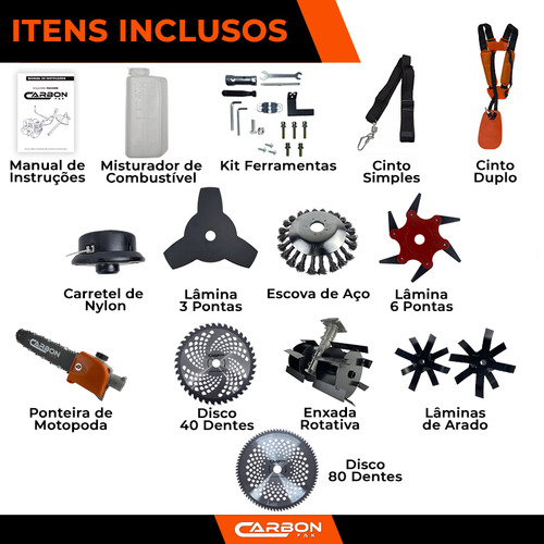 Roçadeira Multifuncional a Gasolina Completa 52cc 2,5hp Carbon Fak