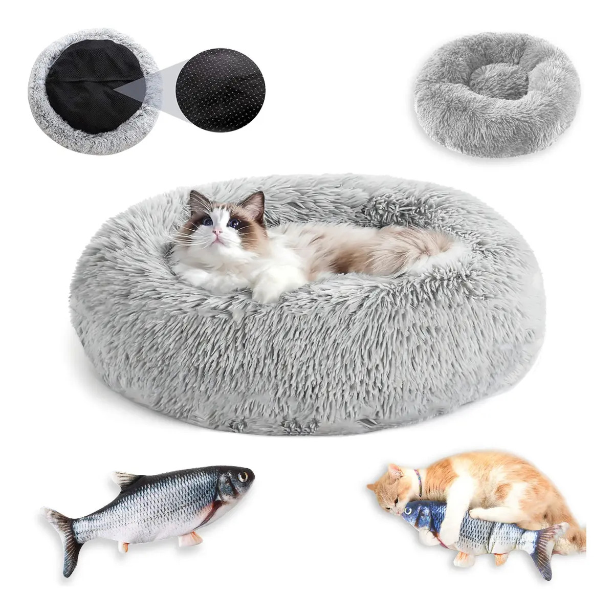 Cama Para Perro Gato Cama De Redonda Antiestres Confortable De Tamaño 50cm Color Gris Lavable A Máquina Nido Puff Antiestres Suave Perro Gato + Hierba Gatera Juguete De Pez LUZMASC