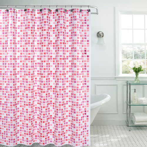 Cortina De Baño Moderna Estampada + Protector + Ganchos Rosa, Blanco