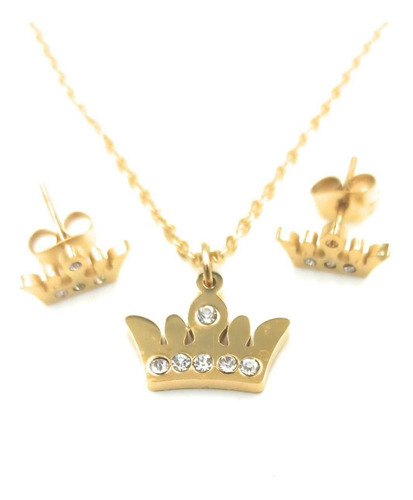 Imagen 2 de 3 de Kit Cadena Dije Y Aretes En Forma De Corona Dorada