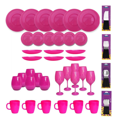 Juego Vajilla 60 Piezas Plato Vaso Copa Cubierto Color Pleno Fucsia Liso