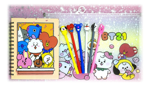 Kit Kawaii Bts Bt21 , 1 Libreta + 6 Plumas Gel + 1 Folder :)