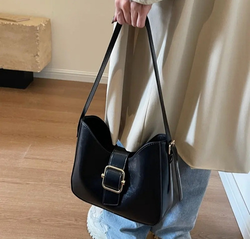 Cartera De Hombro Regulable Con Cierre Y Hebilla Tendencia Negro Lisa Níquel Negro