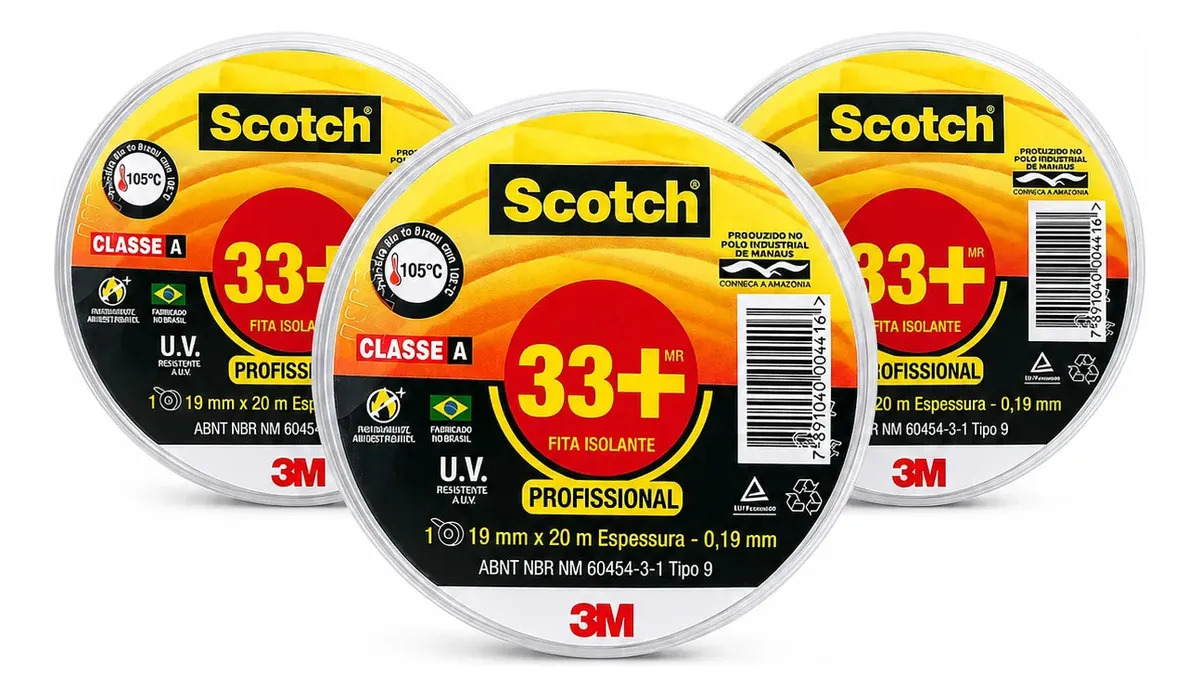 Fita Isolante 3m Scotch 33+ 20 Metros Kit 3 Peças Cor Preto Liso