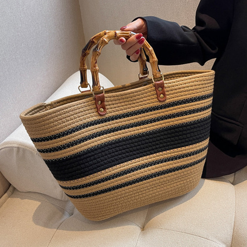 Bolsos De Playa De Moda Con Mango De Bambú, Algodón Tejido A