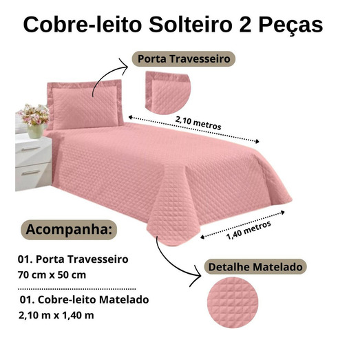 Kit Cobre Leito Solteiro 2 Peças Colcha Matelada Rose Lisa
