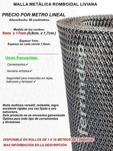 Imagen 2 de 10 de Malla Metál Romboidal Desplegado 8x17mm Rollo 50cm X Metro