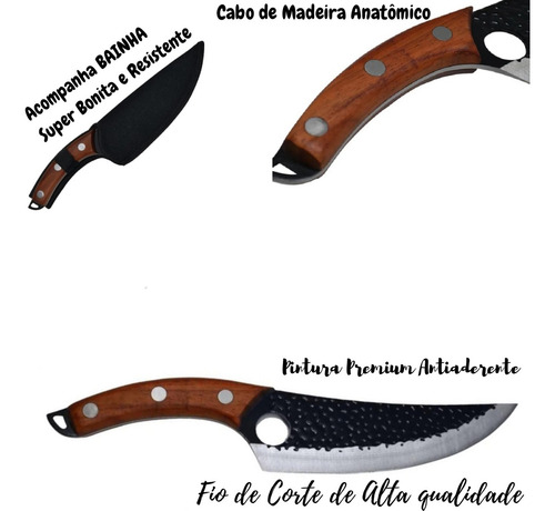 Faca Artesanal Aço Inox Cabo Madeira Damasco Camping +bainha Cor Preto