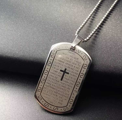 Placa Collar Dije Padre Nuestro Acero Cadena Acero