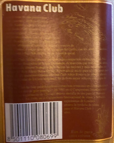 Antiguo Ron Cubano Havana Club Añejo 20 Años Grad. Alcoh.40%