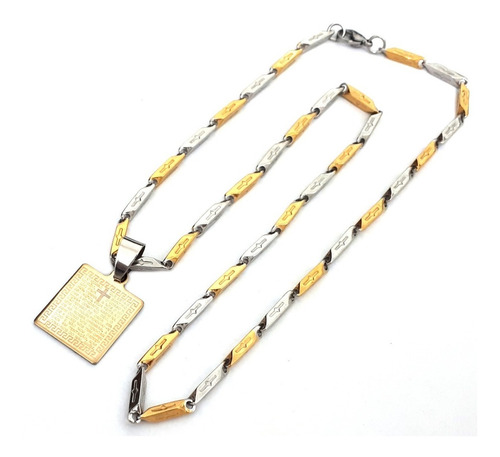 Pingente Placa Pai Nosso+ Cordão Espelhado Aço Prata Dourado