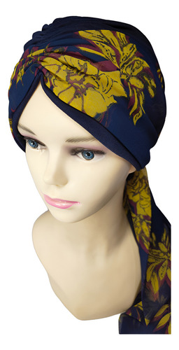 Turbante Dama Gorro Oncológico Con Banda Quimio Algodon Seda Color Azul Oscuro Con Amarillo