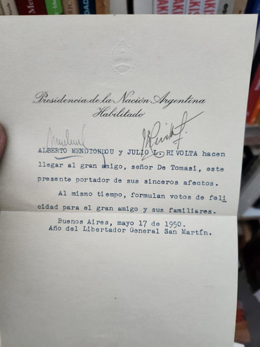 La Nacion Argentina Justa Libre Y Soberana Carta De La Epoca (Usado)