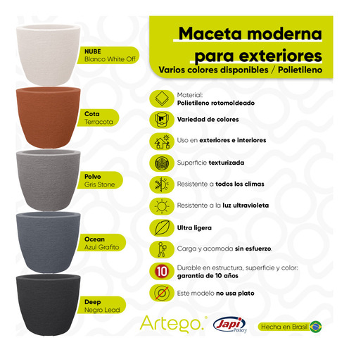 Maceta Moderna Para Exteriores Compacta De 20 Cm De Alto Ocean Azul Grafito De Polietileno Ultra Ligera Artego Japi Hecho En Brasil