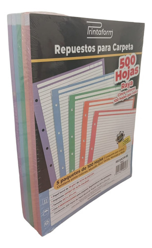 Repuesto De Hojas Para Carpeta Carta 500 H 5 Colores