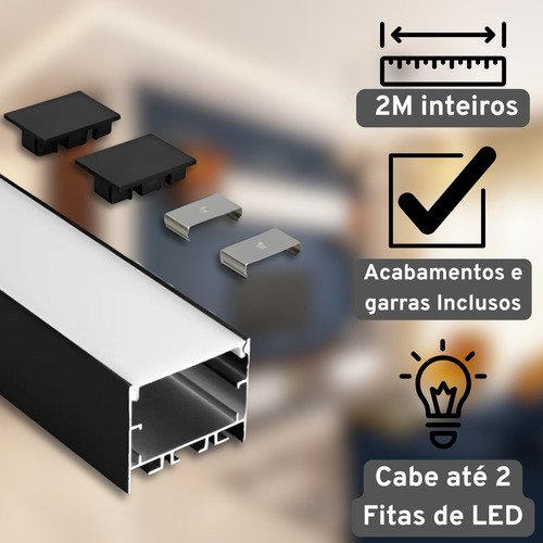 Perfil Led 40mm Sobrepor 2 Metros Linear Externo Preto Largo Tensão De Operação 127v/220v 127/220v