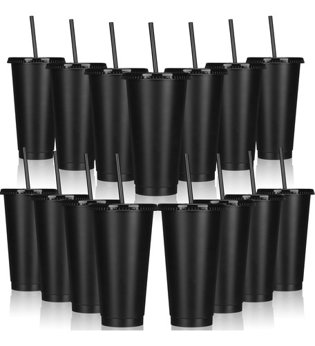 Bokon Juego De 15 Vasos Negros Con Popote Y Tapa, Vasos De P