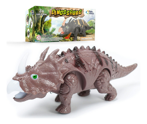 Dinossauro Brinquedo Anda Com Som Luz Led Dino Tricerátops Cor Marrom