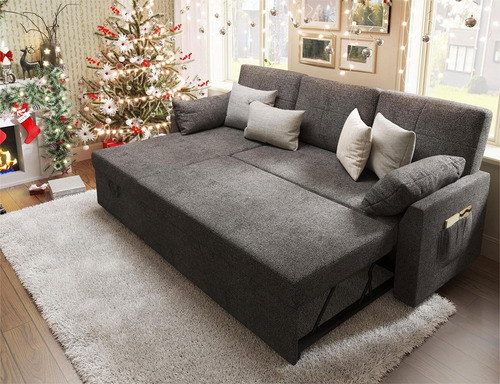 Sofá Cama Extraíble De Lino Gris Con Diván De Almacenamiento