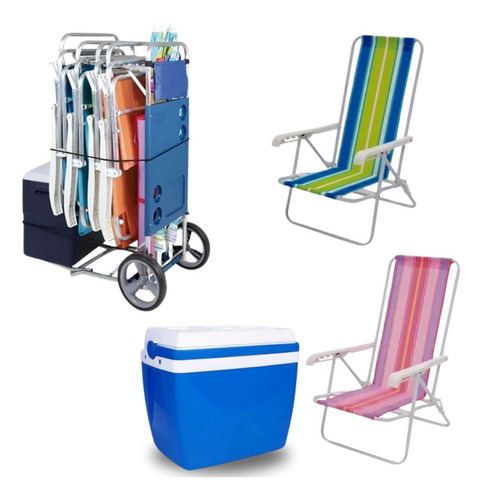 Kit Carrinho De Praia Com Avanço + 2 Cadeiras 4 Posições Em