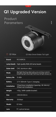 Luz Trasera Inteligente Sensor Freno Impermeable Rockbros Negra