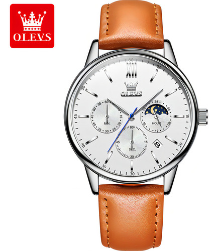 Relógio cronógrafo Olevs Calendar, pulseira de couro e quartzo, cor: laranja/branco