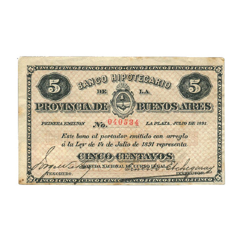 Argentina Billete 5 Centavos 1891 P-s-611 Restos De Cinta