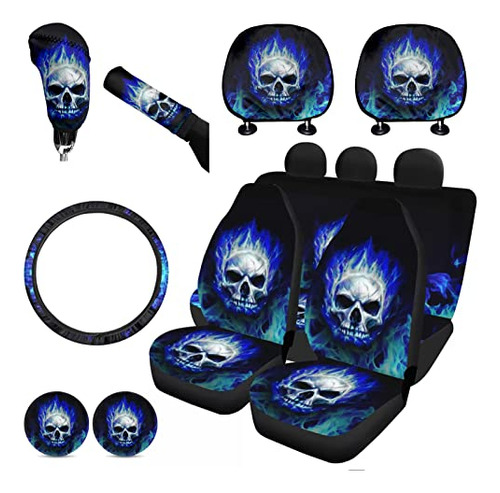 Fkelyi Cool Fire Skull Design Blue Seat Covers Set Car Inter