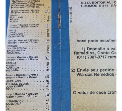 Capa Álbum 98 Copa 1998 B (Usado)
