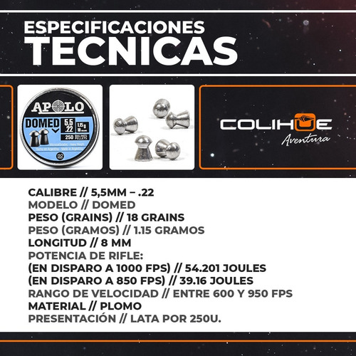 Imagen 3 de 5 de Balines Apolo Domed // Cal 5,5mm - 18gr // X200