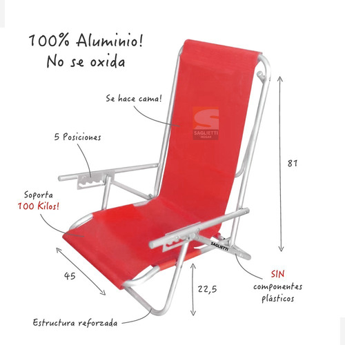 Reposera Silla Cama Aluminio Reforzada Playera 100 Kilos