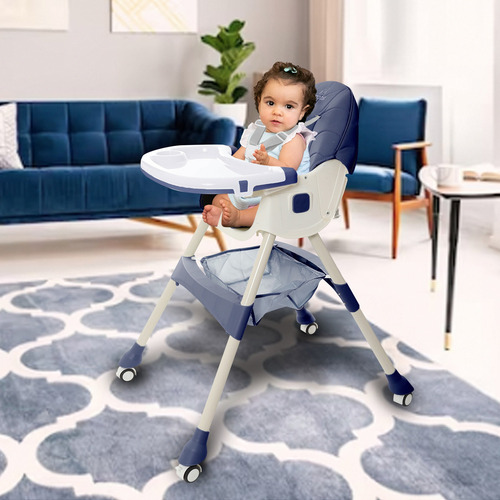 Silla Alta Periquera Bebe KIDDOS Mecedora Con Llantas 5 En 1 Ajustable Plegable Asiento Piel Bandeja Extraíble Segura Color Azul